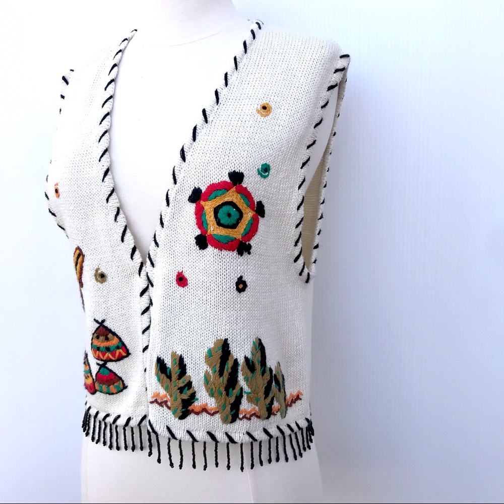 Vintage 80’s southwestern embroidered cactus native tassel sweater vest top - Picture 5 of 7